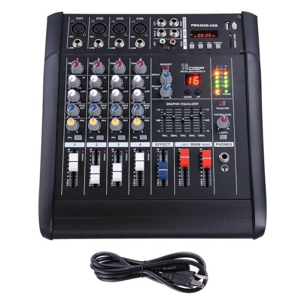 4-channel powered audio mixer with multiple inputs