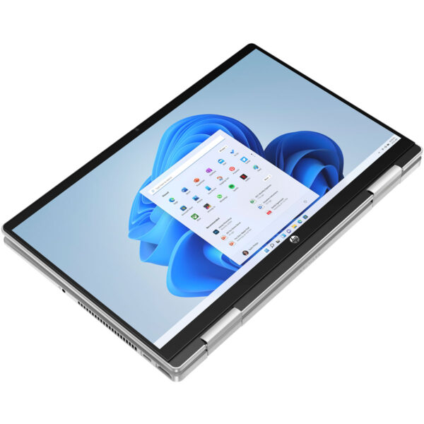 Front view of the HP Pavilion x360 i7 laptop, showcasing its sleek design, 16GB RAM, 512GB SSD, and 14-inch FHD touchscreen display.