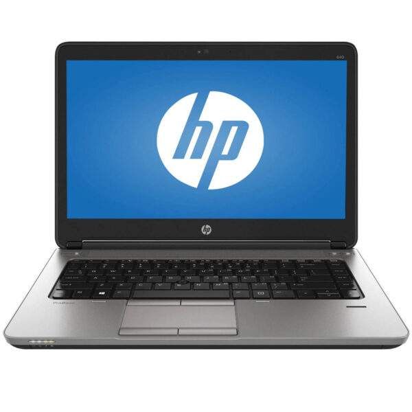 Silver HP Probook 640 G2 laptop with black keyboard. 14 inch display, sleek and slim design. Ports visible on sides include USB, HDMI, and Ethernet. HP logo on lid.