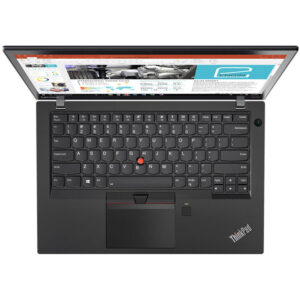 Front view of the Lenovo ThinkPad T470s i5, showcasing its sleek design, 256GB SSD, and 14-inch HD display.