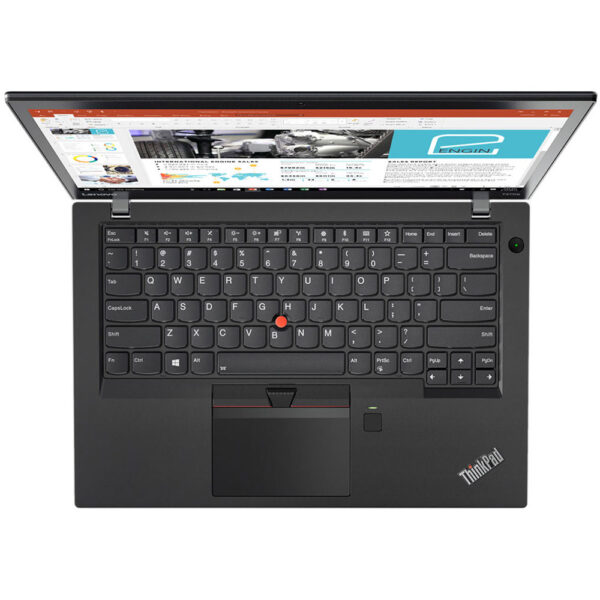 Front view of the Lenovo ThinkPad T470s i5, showcasing its sleek design, 256GB SSD, and 14-inch HD display.